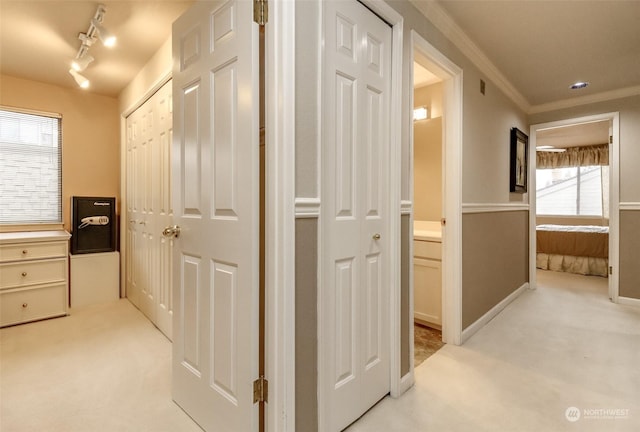 hallway featuring track lighting, ornamental molding, and light carpet