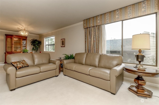 carpeted living room with crown molding and a chandelier