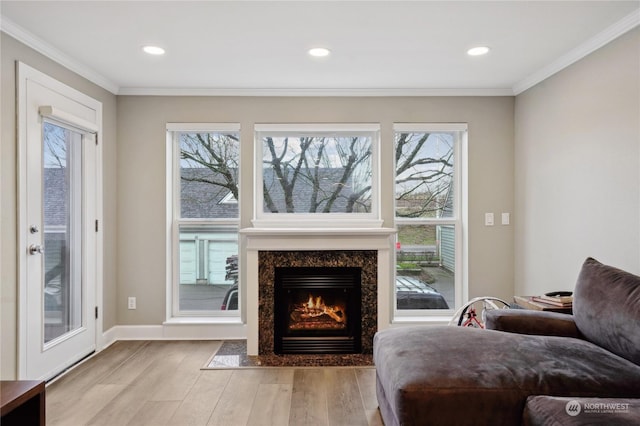 living room featuring crown molding, light hardwood / wood-style flooring, and a high end fireplace