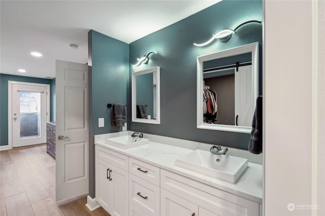 bathroom with hardwood / wood-style flooring and vanity