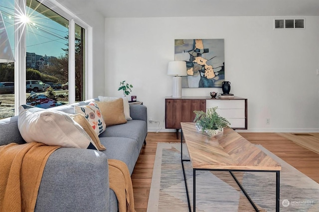 living room with a wealth of natural light and light hardwood / wood-style flooring