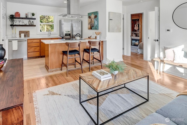 living room featuring sink and light wood-type flooring