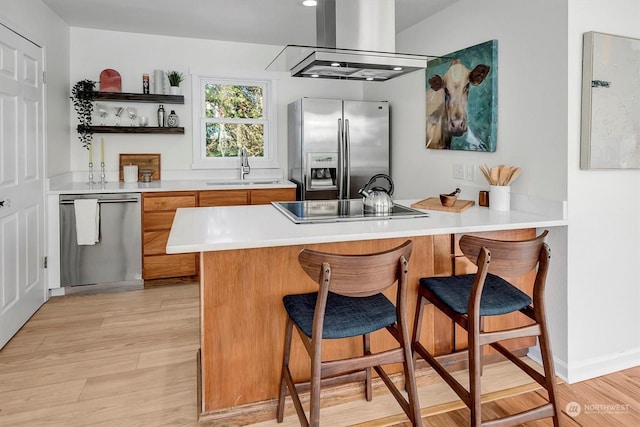 kitchen featuring sink, island exhaust hood, light hardwood / wood-style floors, kitchen peninsula, and stainless steel appliances