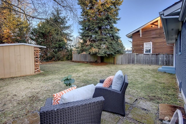 view of yard with a storage shed