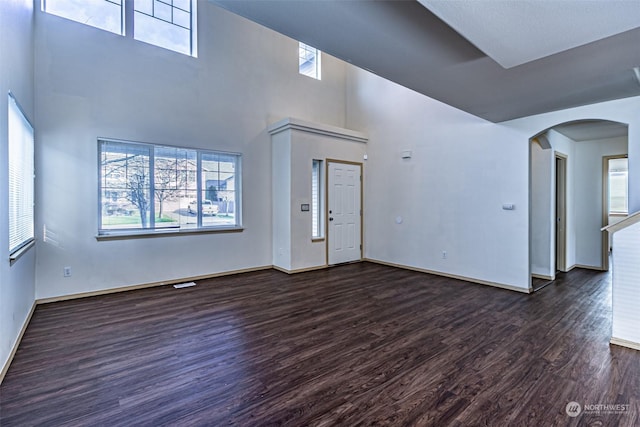 interior space with a high ceiling, a wealth of natural light, and dark hardwood / wood-style flooring