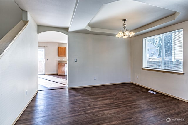 unfurnished room with a raised ceiling, dark wood-type flooring, and a wealth of natural light