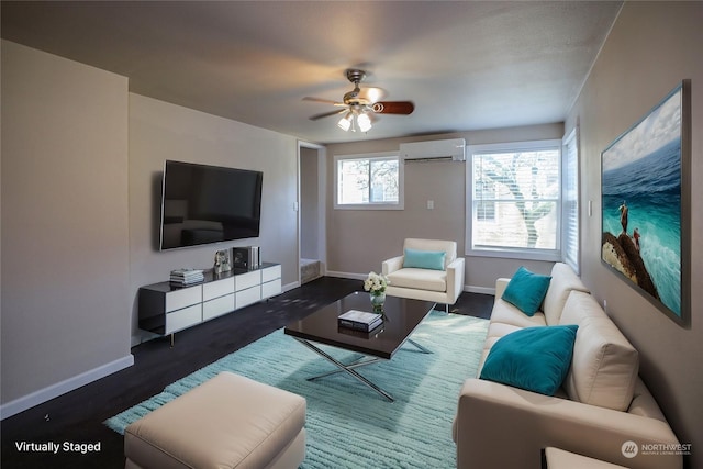 1506 Westport Rd, Aberdeen, WA 98520 - living area with baseboards, wood finished floors, an AC wall unit, and a ceiling fan