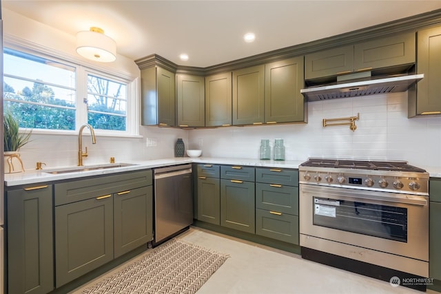 kitchen with appliances with stainless steel finishes, sink, extractor fan, and backsplash