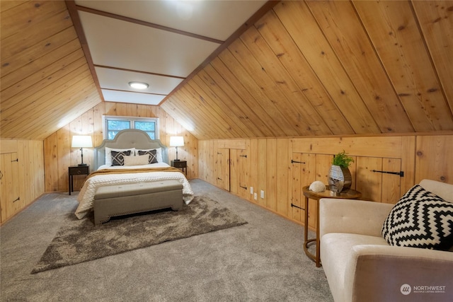 bedroom with wooden walls, wooden ceiling, vaulted ceiling, and carpet