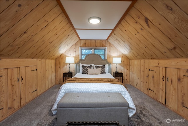 bedroom with lofted ceiling, wooden ceiling, wood walls, and carpet