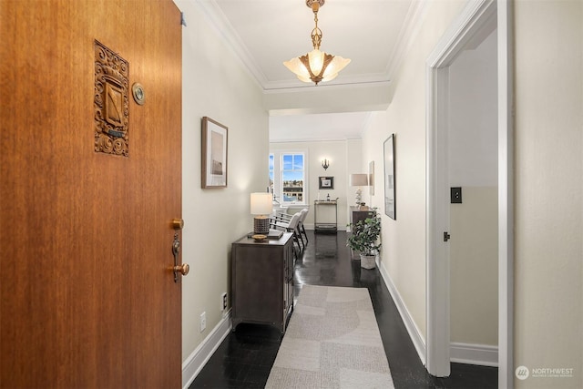 hall with crown molding and dark wood-type flooring