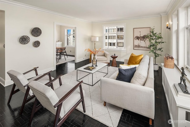 living room with dark wood-type flooring and ornamental molding