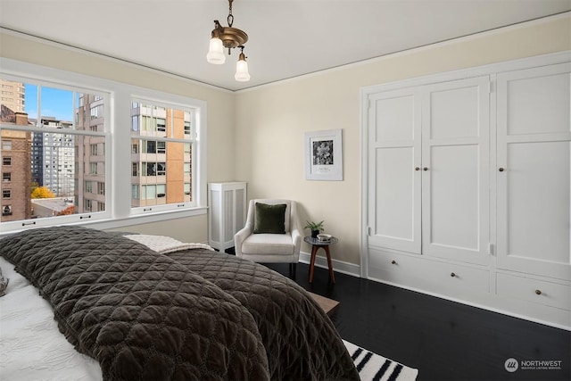 bedroom with wood-type flooring and a closet