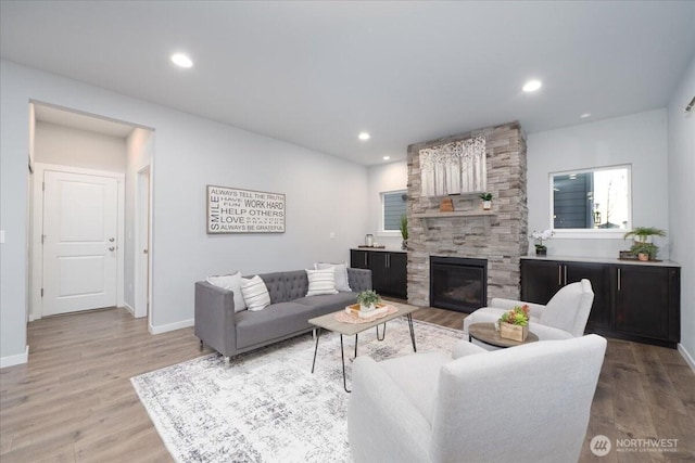 living room with a fireplace and light hardwood / wood-style flooring