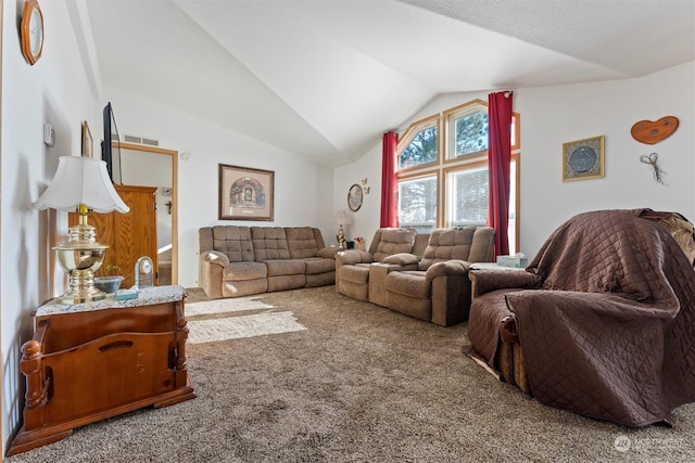 living room featuring lofted ceiling and carpet flooring