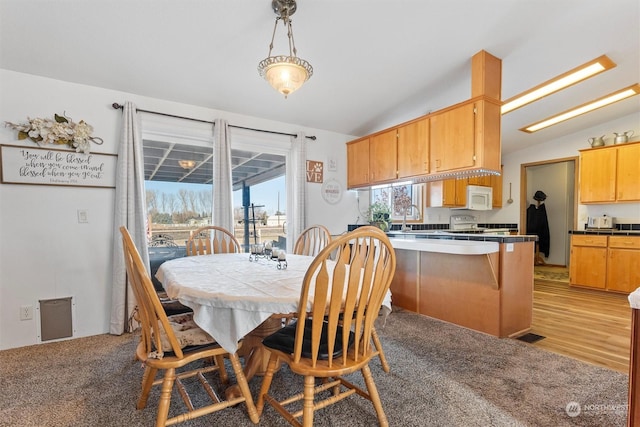 dining space featuring vaulted ceiling and sink