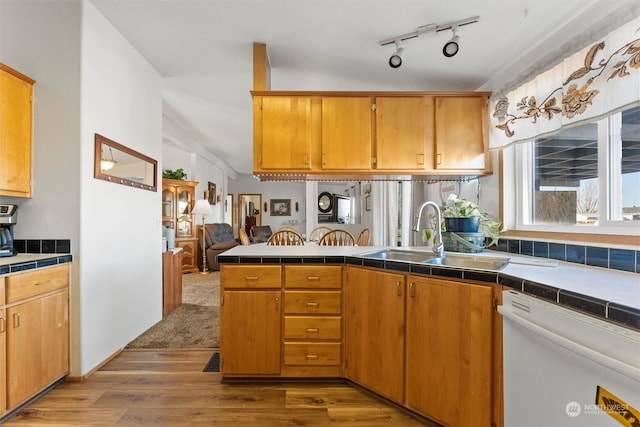 kitchen featuring sink, tile countertops, white dishwasher, and light hardwood / wood-style floors