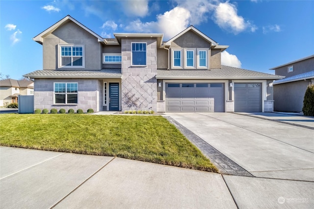 view of front of home featuring stone siding, stucco siding, a front lawn, and concrete driveway