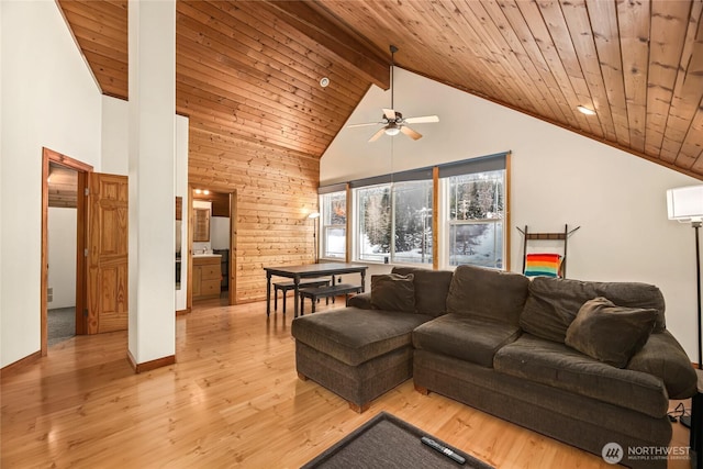 living room featuring light hardwood / wood-style floors, high vaulted ceiling, beamed ceiling, and wood ceiling