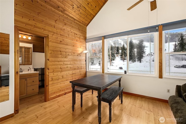 dining area with ceiling fan, light hardwood / wood-style floors, high vaulted ceiling, and wooden ceiling