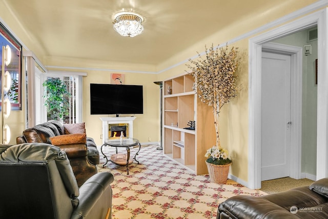 living room featuring light colored carpet