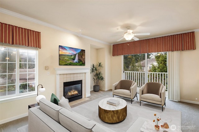 living room featuring light carpet, crown molding, and a wealth of natural light