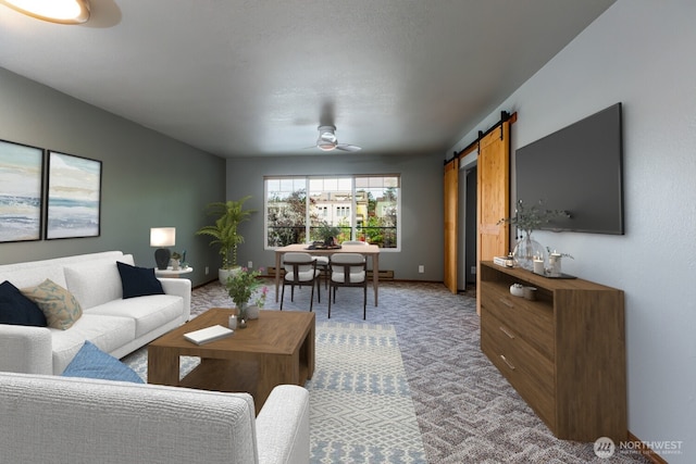 230 B St Unit 102, Friday Harbor, WA 98250 - living room with a ceiling fan, a barn door, a baseboard radiator, and carpet floors