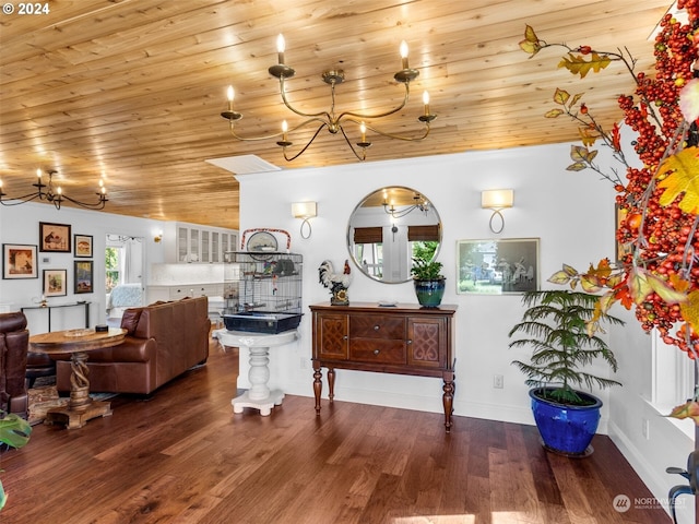 interior space featuring wood ceiling, dark hardwood / wood-style floors, and a chandelier