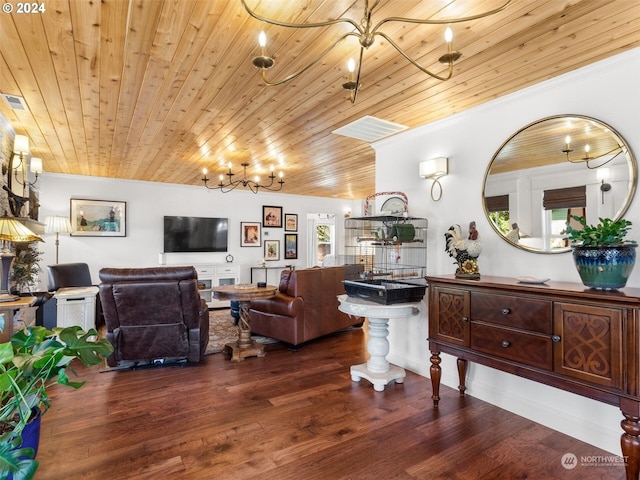 living room with dark wood-type flooring, ornamental molding, and wooden ceiling