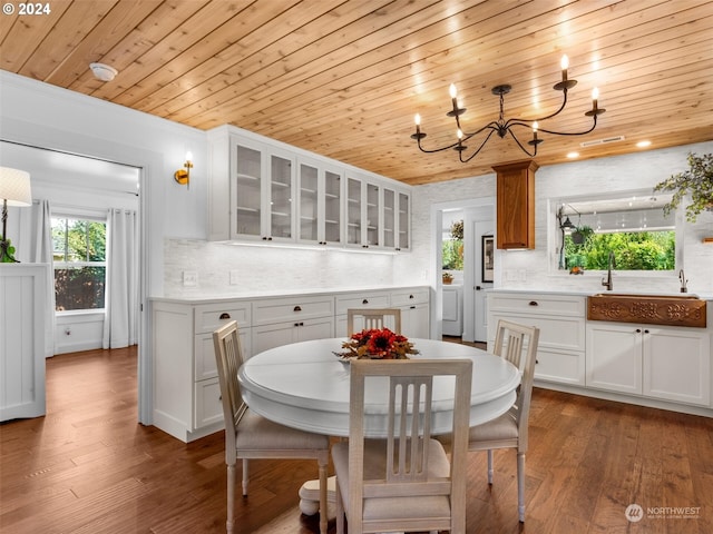 kitchen featuring white cabinetry, wood ceiling, wood-type flooring, decorative light fixtures, and an inviting chandelier