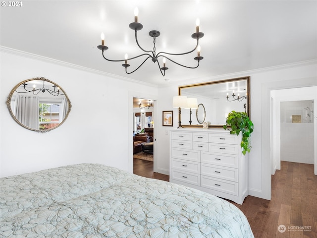 bedroom featuring crown molding, dark hardwood / wood-style floors, and an inviting chandelier