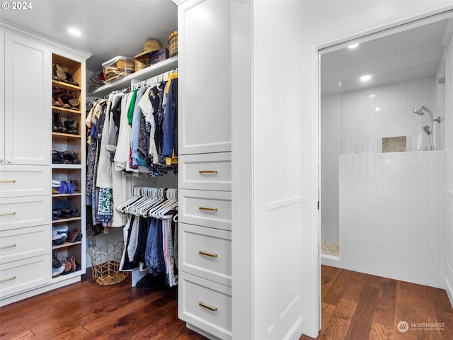 spacious closet with dark hardwood / wood-style flooring