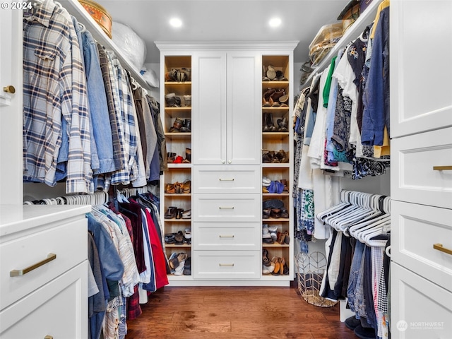 spacious closet with dark wood-type flooring