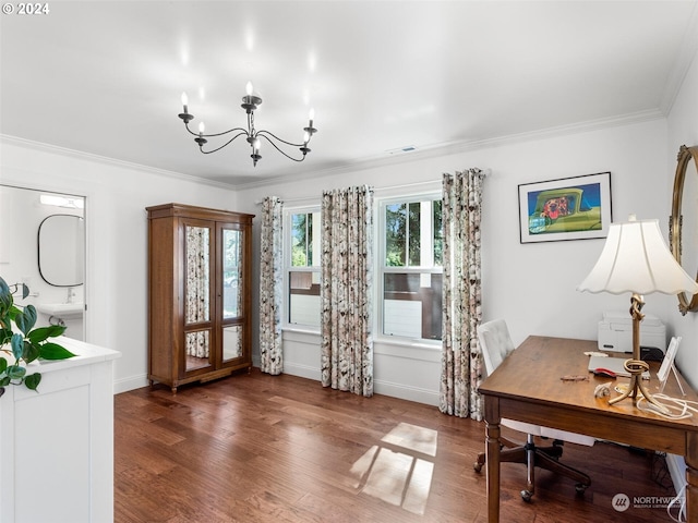 home office featuring crown molding, dark hardwood / wood-style flooring, and a notable chandelier