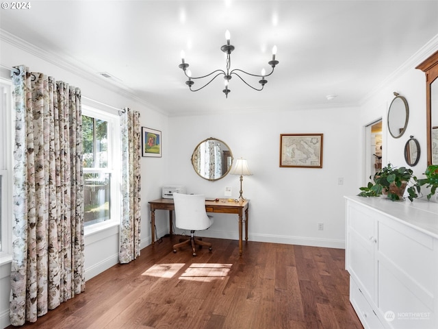 office space featuring ornamental molding, dark hardwood / wood-style flooring, and a notable chandelier