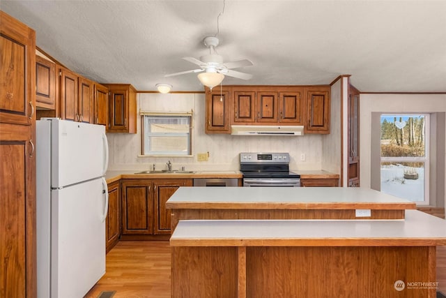 kitchen featuring a kitchen island, a wealth of natural light, sink, stainless steel range with electric cooktop, and white fridge