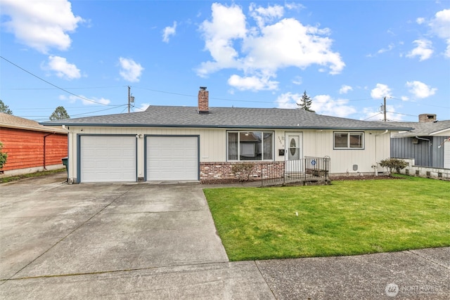 single story home with brick siding, a chimney, concrete driveway, a front yard, and a garage