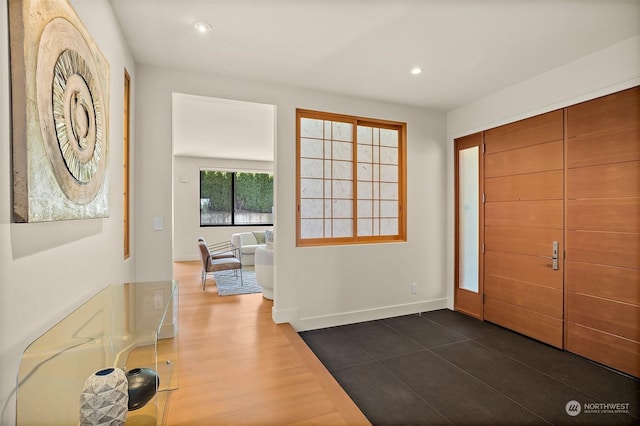 entryway with dark hardwood / wood-style flooring