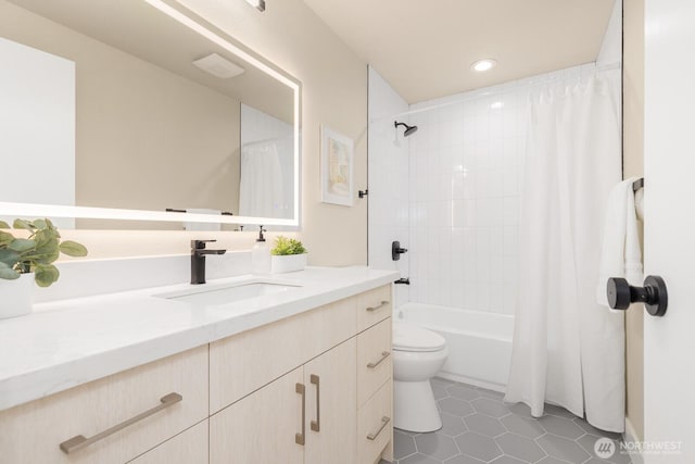 full bathroom with toilet, shower / bath combo, recessed lighting, tile patterned flooring, and vanity