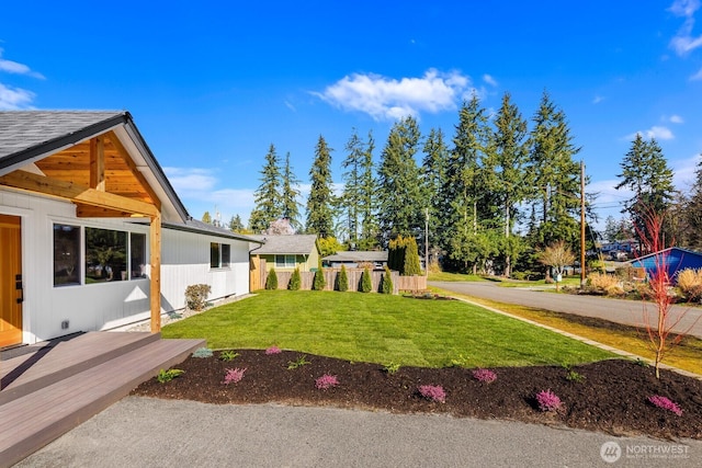 view of yard with fence and a wooden deck