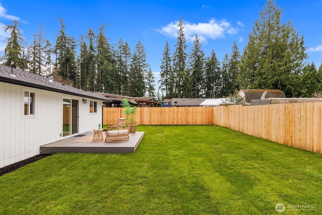 view of yard with a deck and a fenced backyard