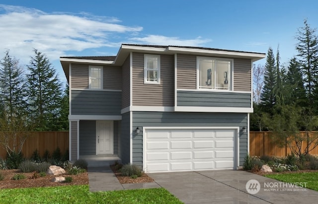 contemporary home with concrete driveway, an attached garage, and fence