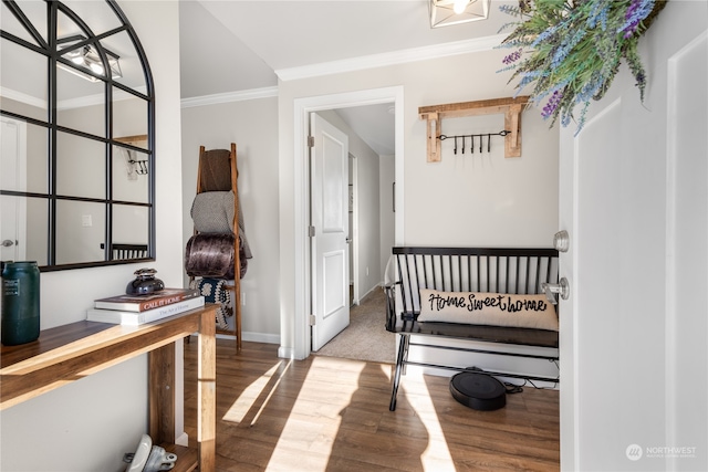 interior space with hardwood / wood-style floors and crown molding