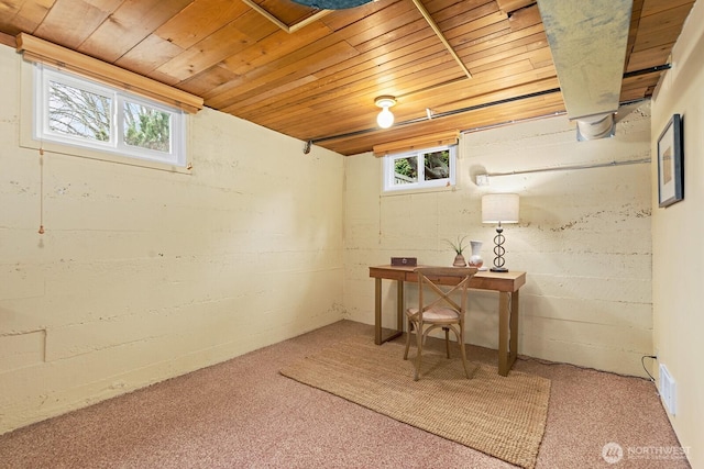 below grade area featuring carpet floors and wooden ceiling