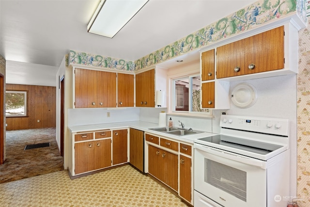 kitchen with wood walls, sink, and electric range