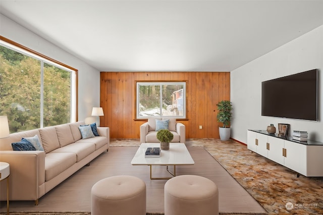 living room with wood walls, light wood-type flooring, and a wealth of natural light