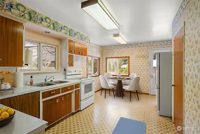 kitchen featuring sink, white electric stove, and stainless steel refrigerator