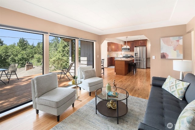 living room with light hardwood / wood-style flooring