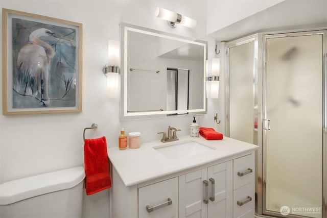 bathroom with vanity, an enclosed shower, and toilet