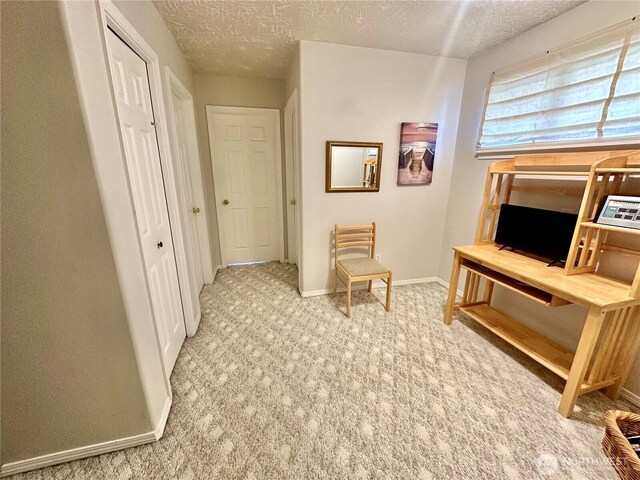 living area featuring carpet, baseboards, and a textured ceiling